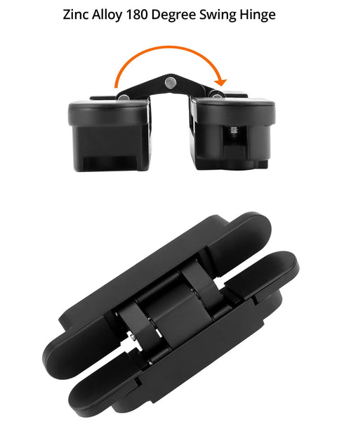 Hidden Door Hinges 2 Pack, 6 Inch Adjustable Concealed Hinges Zinc Alloy Black Finish, top and bottom view, 180 degree swing hinge