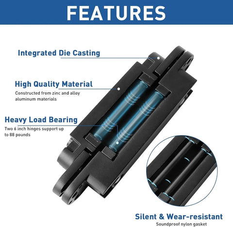 Hidden Door Hinges 6 Inch Concealed Butt Hinge Zinc Alloy 180 Degree Swing 3 Way Adjustable Black 2 Pack features