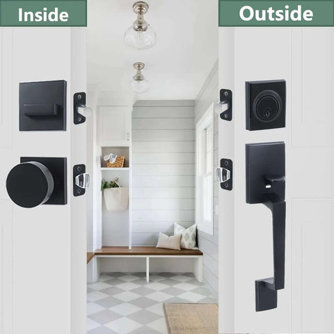 All In One Front Door Lock Set With Black Zinc Alloy Handleset Exterior Entry Deadbolt Heavy Duty Door Knob And Lock installed on door