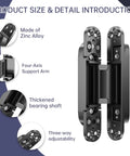 Seamless Hidden Door Hinges Set 7 Inch, 4 Pack Concealed Zinc Alloy 180 Degree Swing, Black, detail view of hinge features