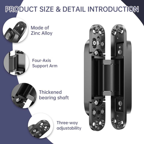 Seamless Hidden Door Hinges Set 7 Inch, 4 Pack Concealed Zinc Alloy 180 Degree Swing, Black, detail view of hinge features