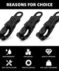 Three black 5 Pack Quick Release Snaps With Fixed Eye Zinc Alloy Construction, shown with weatherproof and quality features.