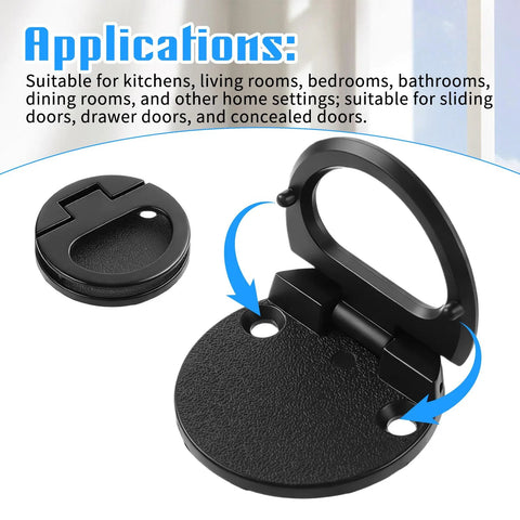 Flush Door Pull With Black Zinc Alloy Ring Handles 43.5 Mm Recessed Mount Lifting Ring Pulls close-up with application text