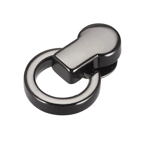 Close-up of Six Piece Ball Stud Rivet Set With D Ring For Purse Chain Connector And Leather Craft in zinc alloy, black finish.