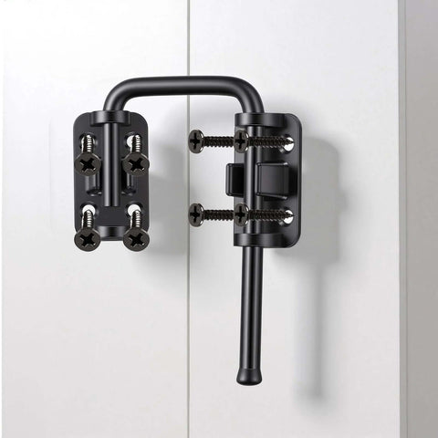 Black Zinc Alloy Rotary Sliding Door Lock for Patio and Screen Doors Safety Latch installed on white panel