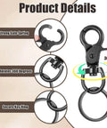 Six Pcs Black 60mm Zinc Alloy Trigger Carabiner Heavy Duty Swivel Snap Hooks With 360 Degree Rotatable Eye Clips details