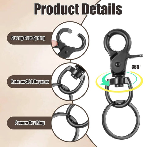 Six Pcs Black 60mm Zinc Alloy Trigger Carabiner Heavy Duty Swivel Snap Hooks With 360 Degree Rotatable Eye Clips details
