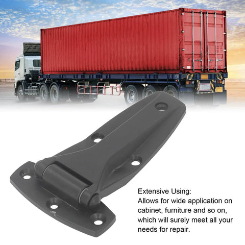 Soft Close Tee Hinge, T Strap Hinge, Zinc Alloy, Black, shown with a truck backdrop for toolbox and car door repair use.