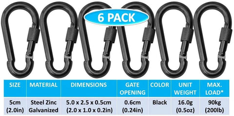 6 pack black zinc galvanized steel locking thumb screw closure carabiner clips, heavy duty snap hooks, 5 cm size 2 by 1 inch, 200 lb max load