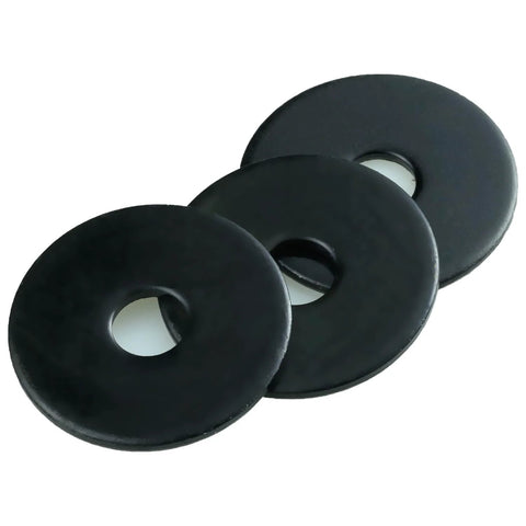 1/4 X 1 Inch Black Zinc Plated Fender Washers For Screws And Bolts, 50 Pieces, side view of three washers