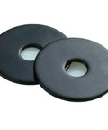 Close-up of two 1/4 X 1 Inch Black Zinc Plated Fender Washers For Screws And Bolts, flat washer with central holes.