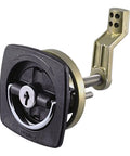 Flush Mount Locking Latch Black With Chrome Plated Zinc Alloy Construction, Offset Cam Bar, shown with cam mechanism and key slot