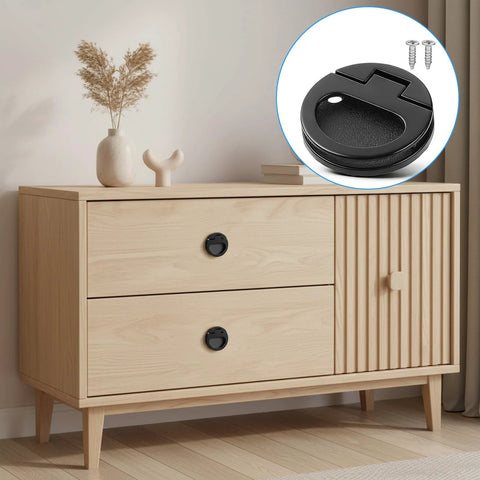 Flush Door Pull With Black Zinc Alloy Ring Handles 43.5 Mm Recessed Mount Lifting Ring Pulls displayed on a wooden cabinet
