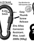 Locking Thumb Screw Closure Carabiner Clips 6 Pack Black Zinc Galvanized Steel Heavy Duty Snap Hooks, 5cm x 2.5cm, 200 lb load
