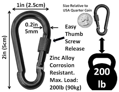 Locking Thumb Screw Closure Carabiner Clips 6 Pack Black Zinc Galvanized Steel Heavy Duty Snap Hooks, 5cm x 2.5cm, 200 lb load