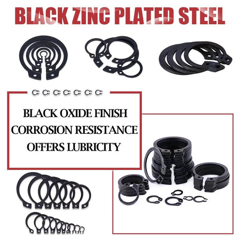 Hilitchi external circlip snap ring assortment set; black oxide finish, alloy steel, 15 sizes, 300 pieces.