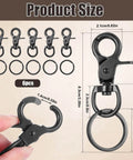 Six Pcs Black 60mm Zinc Alloy Trigger Carabiner Heavy Duty Swivel Snap Hooks With 360 Degree Rotatable Eye Clips shown with dimensions
