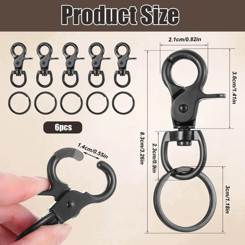 Six Pcs Black 60mm Zinc Alloy Trigger Carabiner Heavy Duty Swivel Snap Hooks With 360 Degree Rotatable Eye Clips shown with dimensions
