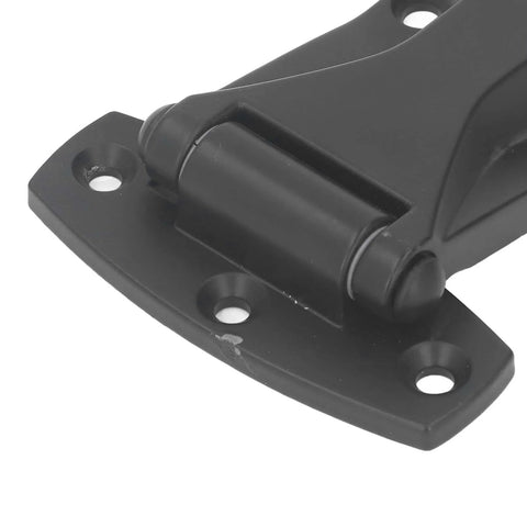 Close-up of Soft Close Tee Hinge, T Strap Hinge in black zinc alloy, designed for toolbox and car door repair with four mounting holes.