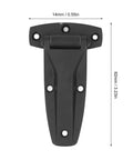 Front view of Soft Close Tee Hinge, T Strap Hinge, Zinc Alloy, Black, for Toolbox and Car Door Repair, with dimensions.
