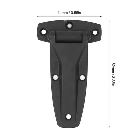 Front view of Soft Close Tee Hinge, T Strap Hinge, Zinc Alloy, Black, for Toolbox and Car Door Repair, with dimensions.
