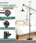 Industrial Adjustable Floor Lamp For Living Room With Pulley System Modern Farmhouse Tall Standing Reading Lamp In Blackened Bronze Vintage Style Task Lamp For Bedroom And Office Rustic Industrial Decor with adjustable pulley system in a bedroom setting