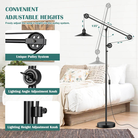 Industrial Adjustable Floor Lamp For Living Room With Pulley System Modern Farmhouse Tall Standing Reading Lamp In Blackened Bronze Vintage Style Task Lamp For Bedroom And Office Rustic Industrial Decor with adjustable pulley system in a bedroom setting
