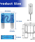 Blade Fuse Assortment Kit With 34 Piece Auto Fuses Set showing dimensions in millimeters, including a blue blade fuse.
