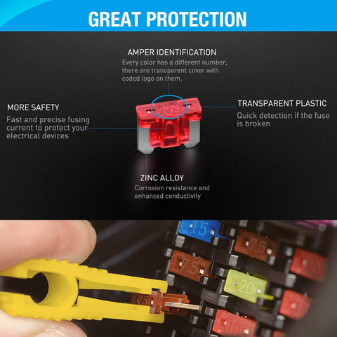 Close-up of a yellow fuse puller removing a fuse from the Must-Have All In One 272 Piece Blade Fuse Kit for vehicles, showcasing features.