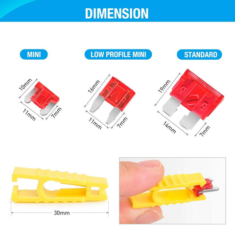 Dimensions of Must-Have All In One 272 Piece Blade Fuse Kit with Standard, Mini, Low Profile fuses, and puller tool shown.
