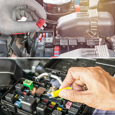 Person installing Must-Have All In One 272 Piece Blade Fuse Kit With Standard Mini And Low Profile Mini Fuses in a car.