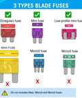 Diagram showing Must-Have All In One 272 Piece Blade Fuse Kit with standard, mini, and low-profile mini fuses, excluding Maxi, Micro2, and Micro3.