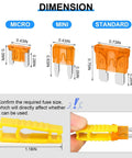 182 Piece Car Fuses Assortment Kit With Standard, Mini And Low Profile Mini Blade Fuses 5A To 40A Includes Fuse Puller dimensions