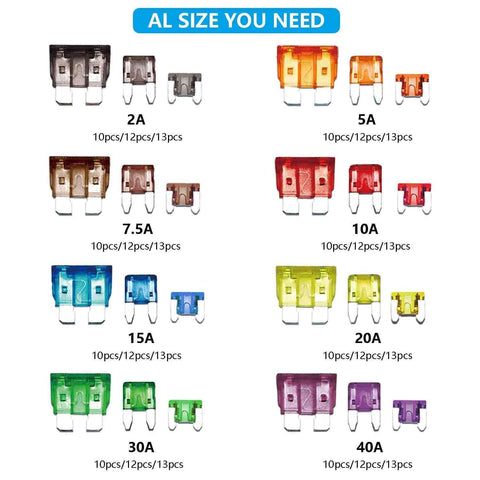 Go To Car Fuses Assortment Kit With Blade Fuses For Auto Marine RV Boat And Truck Standard Mini Low Profile Mini Sizes 2A to 40A