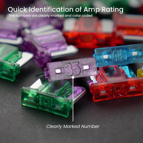 Assorted colored 35A blade fuses with numbers for quick identification, Low Profile Mini Blade Fuses, 15A 25 Pack Automotive Fuses
