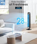 Ultra Quiet 42 Inch Bladeless Tower Fan For Bedroom And Living Room With 9 Speed DC Motor displayed in a modern living room.