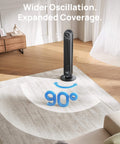 Ultra Quiet Bladeless Tower Fan With Upgraded DC Motor And TurboWind Technology Delivers 28 Feet Per Second Airflow, 20dB Silent Operation, 8 Speeds And 4 Modes, 90 Degree Oscillation, Remote, Indoor Floor Fan In Black From DREO shown in living room with 90 degree oscillation pattern on floor.