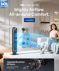 Ultra Quiet Bladeless Tower Fan With Upgraded DC Motor And TurboWind Technology Delivers 28 Feet Per Second Airflow, 20dB Silent Operation, 8 Speeds And 4 Modes, 90 Degree Oscillation, Remote, Indoor Floor Fan In Black From DREO displayed in a modern living room
