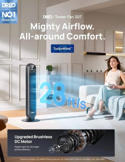 Ultra Quiet Bladeless Tower Fan With Upgraded DC Motor And TurboWind Technology Delivers 28 Feet Per Second Airflow, 20dB Silent Operation, 8 Speeds And 4 Modes, 90 Degree Oscillation, Remote, Indoor Floor Fan In Black From DREO displayed in a modern living room