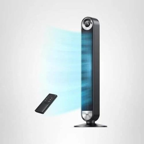 Ultra Quiet 42 Inch Bladeless Tower Fan For Bedroom And Living Room With 9 Speed DC Motor 28 Feet Per Second Wind 90 Degree Oscillation 12 Hour Timer 1076 CFM Power For Home Office By DREO, shown with remote control.
