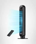 Ultra Quiet Bladeless Tower Fan With Upgraded DC Motor And TurboWind Technology Delivers 28 Feet Per Second Airflow, 20dB Silent Operation, 8 Speeds And 4 Modes, 90 Degree Oscillation, Remote, Indoor Floor Fan In Black From DREO shown with remote control.