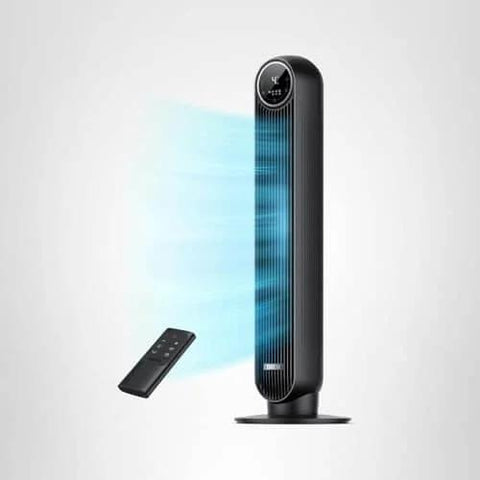 Ultra Quiet Bladeless Tower Fan With Upgraded DC Motor And TurboWind Technology Delivers 28 Feet Per Second Airflow, 20dB Silent Operation, 8 Speeds And 4 Modes, 90 Degree Oscillation, Remote, Indoor Floor Fan In Black From DREO shown with remote control.