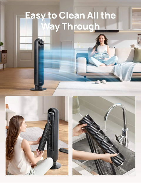 Ultra Quiet Bladeless Tower Fan With Upgraded DC Motor And TurboWind Technology Delivers 28 Feet Per Second Airflow, 20dB Silent Operation, 8 Speeds And 4 Modes, 90 Degree Oscillation, Remote, Indoor Floor Fan In Black From DREO in home setting