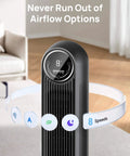 Ultra Quiet Bladeless Tower Fan With Upgraded DC Motor And TurboWind Technology Delivers 28 Feet Per Second Airflow, 20dB Silent Operation, 8 Speeds And 4 Modes, 90 Degree Oscillation, Remote, Indoor Floor Fan In Black From DREO with digital display showing speed settings.