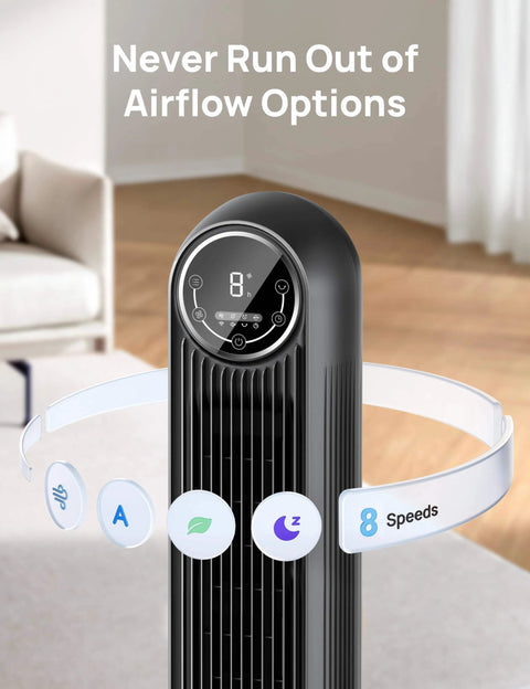 Ultra Quiet Bladeless Tower Fan With Upgraded DC Motor And TurboWind Technology Delivers 28 Feet Per Second Airflow, 20dB Silent Operation, 8 Speeds And 4 Modes, 90 Degree Oscillation, Remote, Indoor Floor Fan In Black From DREO with digital display showing speed settings.