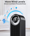 Ultra Quiet 42 Inch Bladeless Tower Fan For Bedroom And Living Room With 9 Speed DC Motor 28 Feet Per Second Wind 90 Degree Oscillation 12 Hour Timer 1076 CFM Power For Home Office By DREO close-up view of control panel with display and wind speed options.
