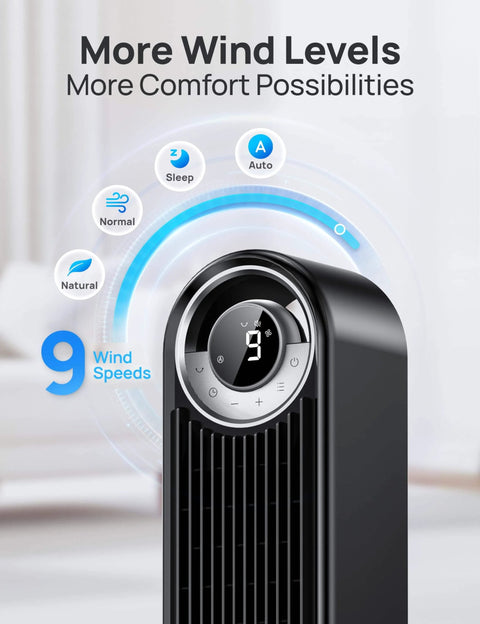 Ultra Quiet 42 Inch Bladeless Tower Fan For Bedroom And Living Room With 9 Speed DC Motor 28 Feet Per Second Wind 90 Degree Oscillation 12 Hour Timer 1076 CFM Power For Home Office By DREO close-up view of control panel with display and wind speed options.