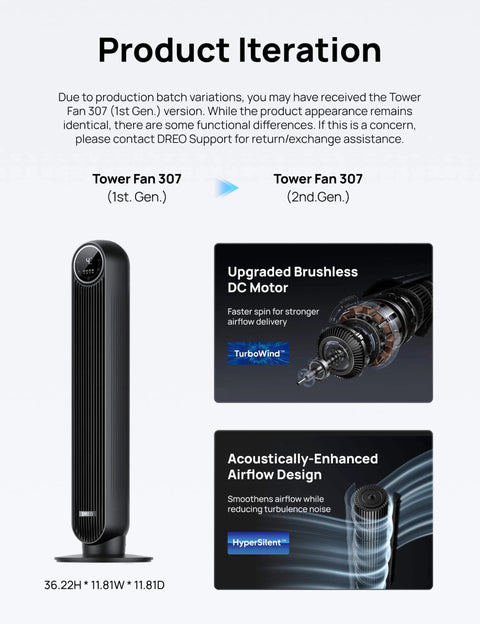 Ultra Quiet Bladeless Tower Fan With Upgraded DC Motor And TurboWind Technology Delivers 28 Feet Per Second Airflow