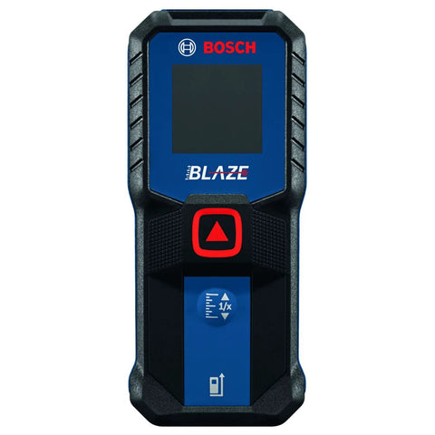 Front view of Blaze laser distance meter with 100 ft range, 1/16 in accuracy, backlit display, for precise room dimensions and layout distances.