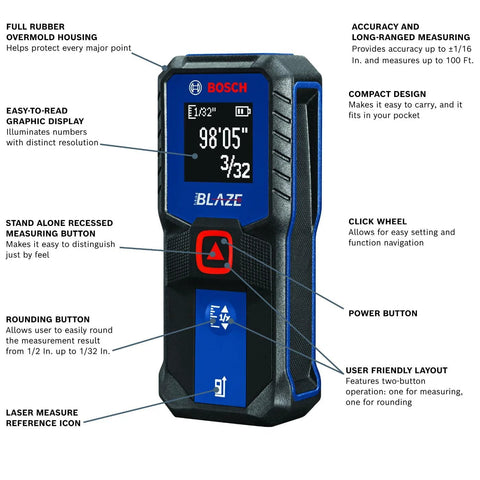 Effortlessly capture precise room dimensions and layout distances with a compact Blaze laser distance meter, delivering 100 ft range, 1/16 in accuracy, a backlit display, and included batteries for reliable, on-the-spot measurements.